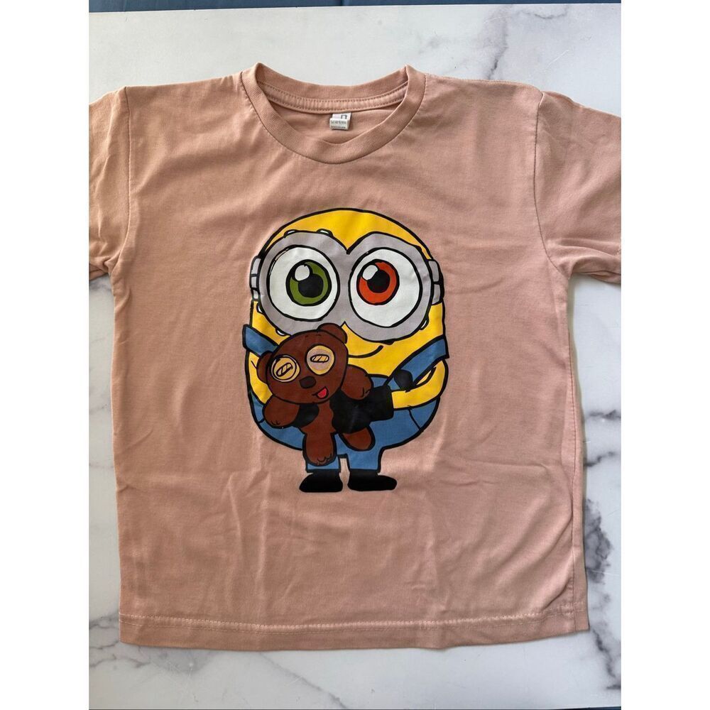 Minion holding teddy bear cute pink girls 5t t-shirt Outlash short sleeve crew n